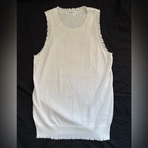 Minnie Rose Cotton Cashmere Frayed Tank Top White Sleeveless Sz M Edgy Crew Neck